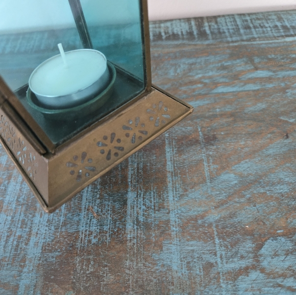 Moroccan Lantern Brass & Blue Glass Candle Holder Lamp - Picture 5 of 11